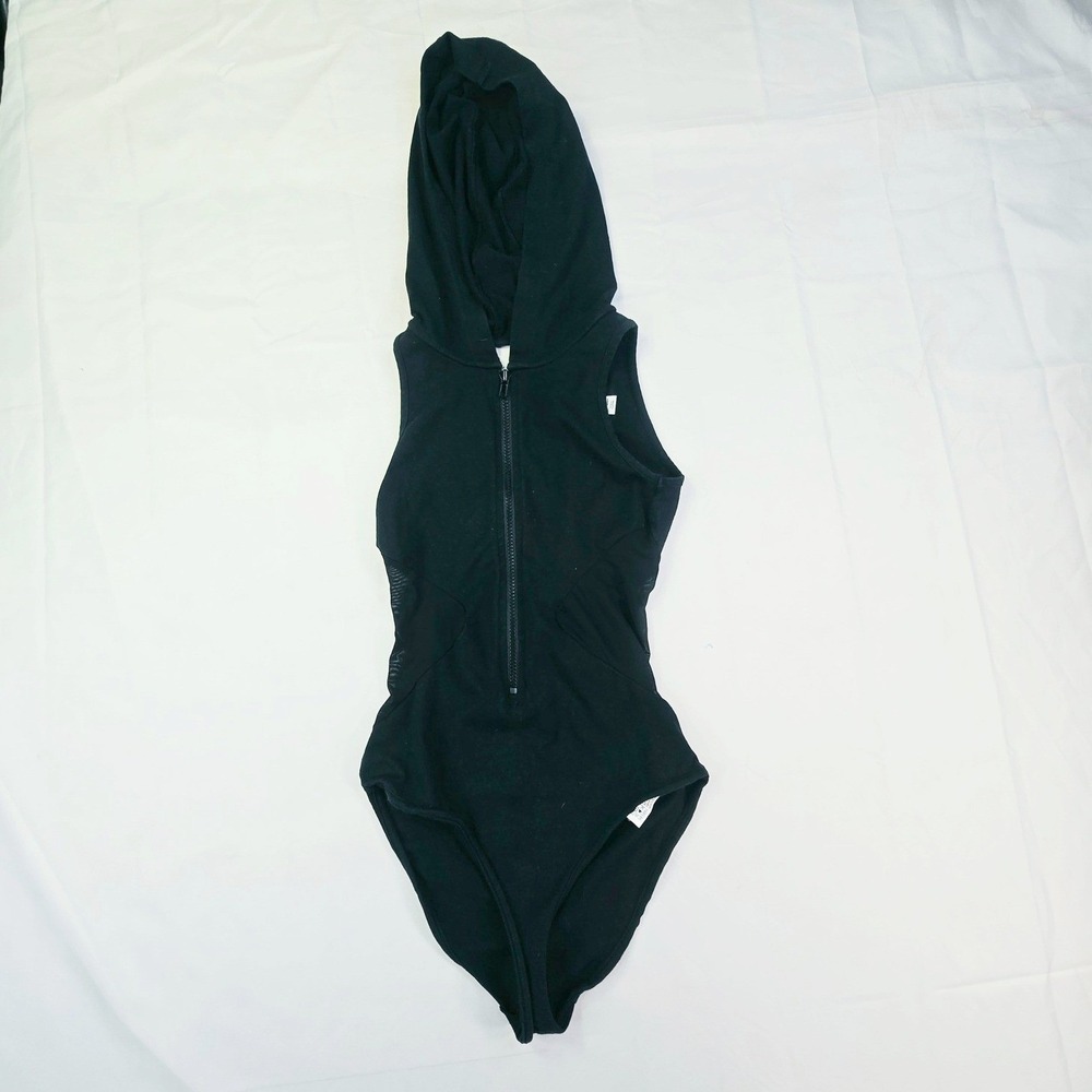 Forever 21 Women Sleeveless Hooded Bodysuit Small Black Mesh Side Half Zip